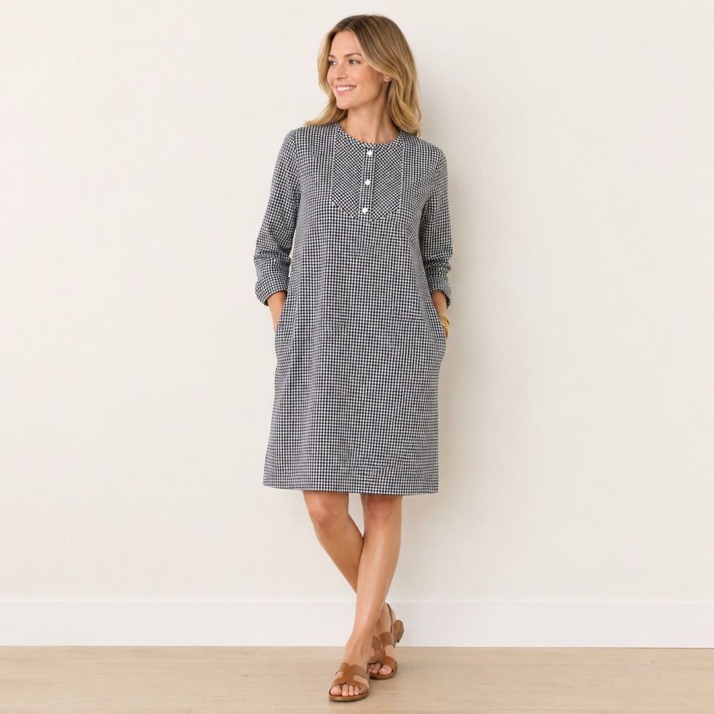 J McLaughlin Gingham Cotton Shift Dress Womens M Black White Preppy Pockets
